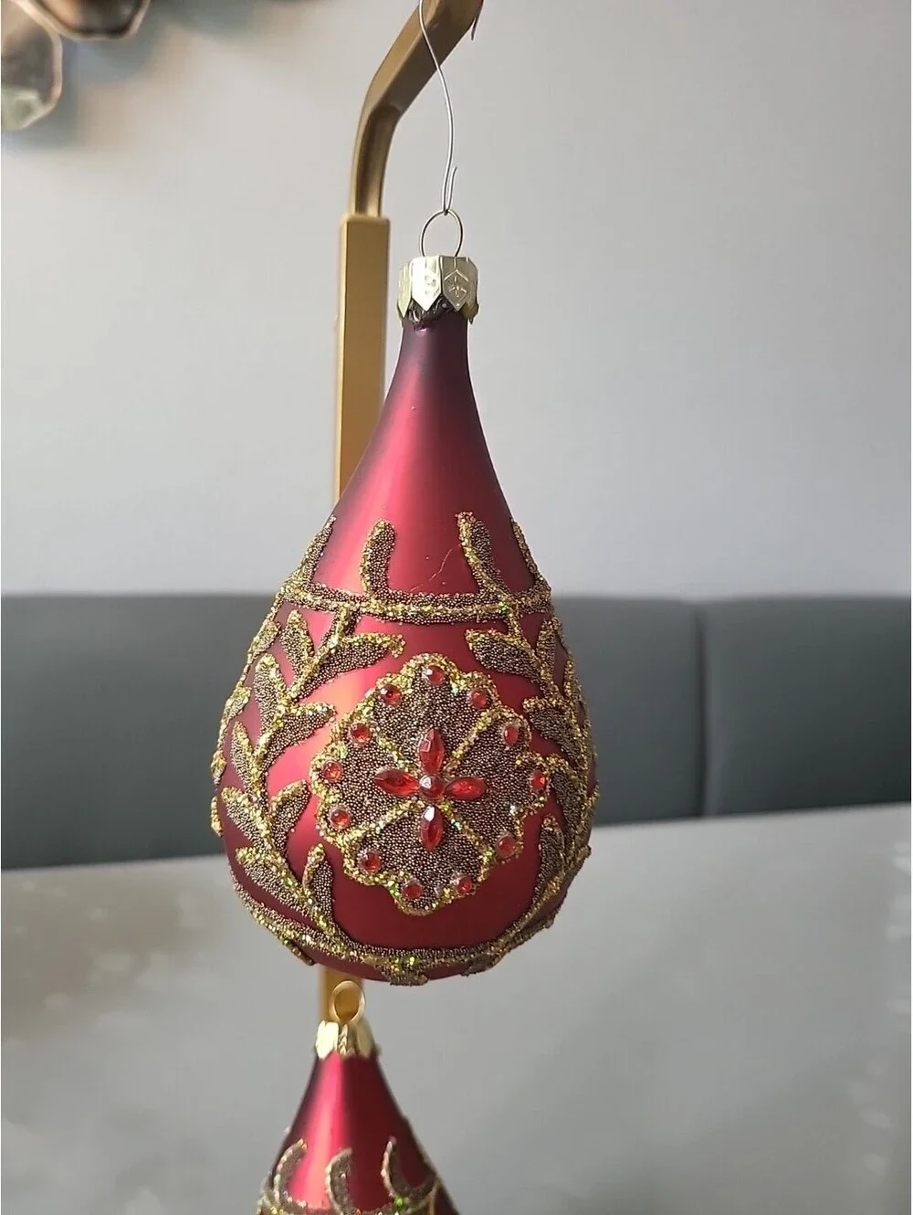 Vintage Set Mercury Glass Finial Red Gold Rhinestones Christmas Ornament 5.5
